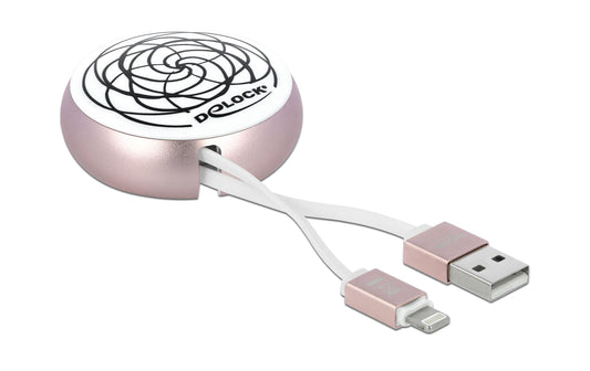 Delock | USB2.0 Aufrollkabel, 90CM, A-Lightning | mit Autorollfunktion, weiss / rosé