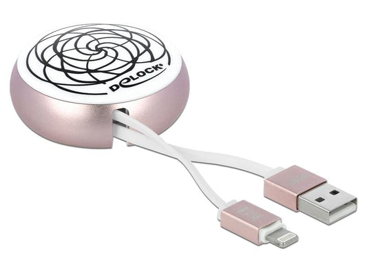 Delock | USB2.0 Aufrollkabel, 90CM, A-Lightning | mit Autorollfunktion, weiss / rosé