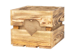 Holz Zollhaus | Dekokiste mit Herzauschnitt | Jutesack, geflammt, Kiefer, 30x30x25 cm