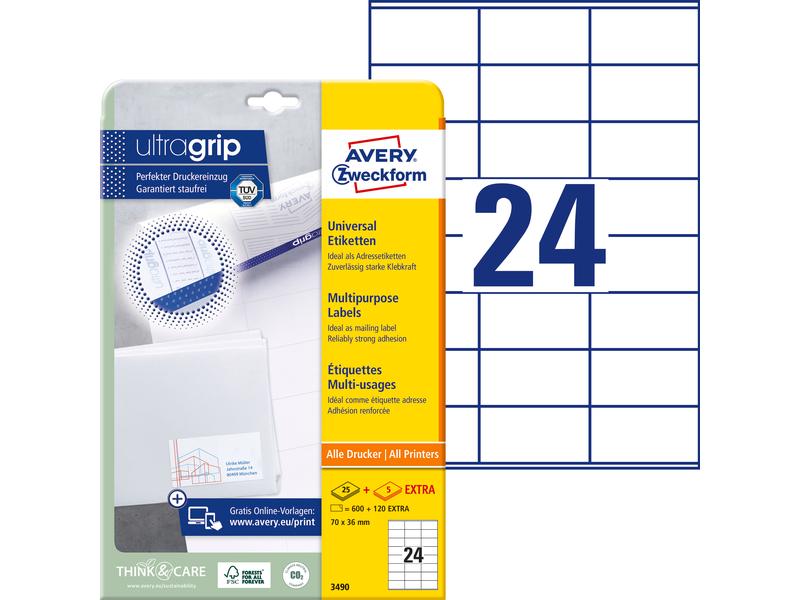 Avery Zweckform | Etiketten A4 weiss, 70x36mm | Packung zu 25 Blatt / 600 Etiketten