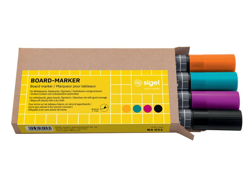 Sigel | Whiteboard-Marker 4 Stück, Schwarz/T | schwarz, türkis, magenta, orange, 4 Stk.