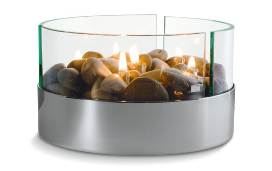 Philippi | Burn Tischkamin mit Flusssteine | verchromt, Glas, D:20x13cm