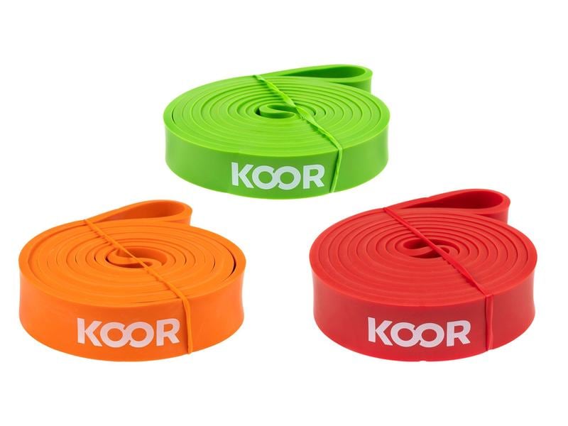 KOOR | Fitnessband grün, orange, rot Kit | mittel bis extra stark