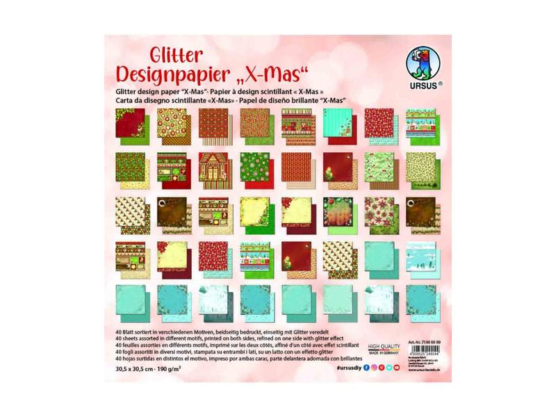 URSUS | Designpapier Glitter 190 g/m2 X-mas | 40 Blatt, 30.5 x 30.5 cm