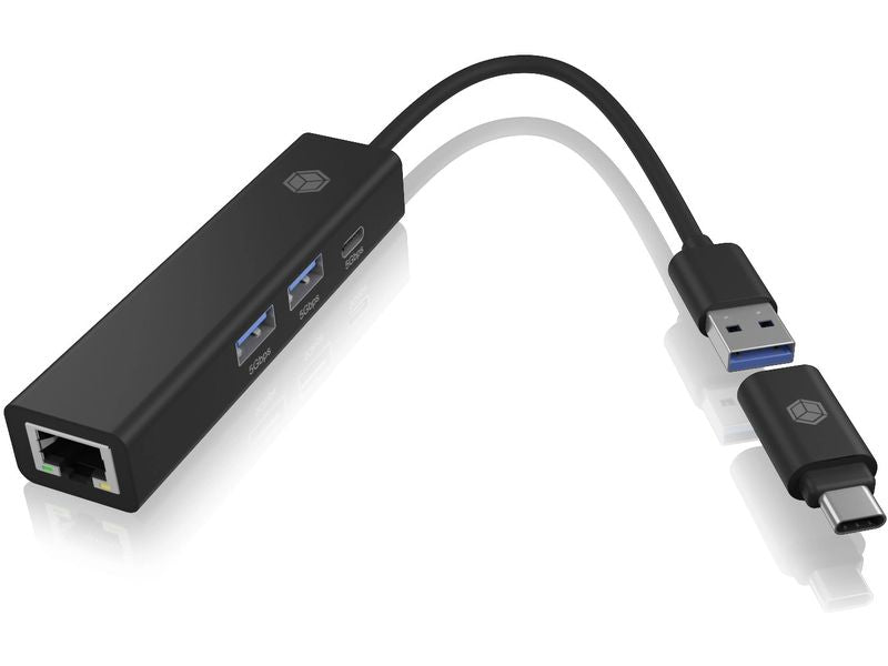 RAIDSONIC | ICY BOX IB-HUB1439-LAN, 3x USB, 1x LAN | Anschluss zum PC USB Type-C und Type-A