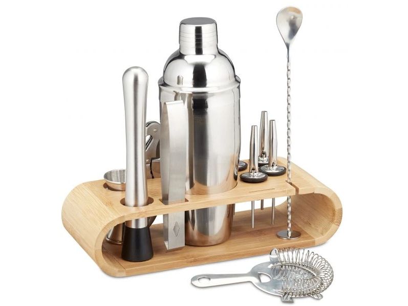 relaxdays | Cocktailset Edelstahl 11teilig | Edelstahl, Bambus