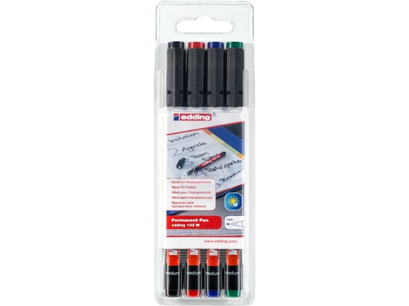 edding | Permanent Pen 142M 4-Set | Folienschreiber 4 Farben 1mm