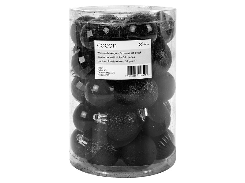 COCON | Weihnachtskugel 34 Stück, Schwarz | Kunststoff, D: 4cm