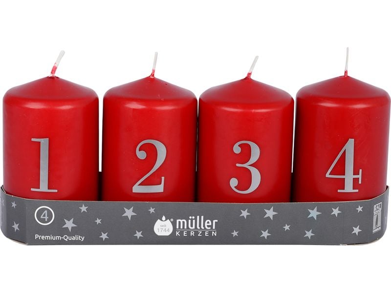 müller Kerzen | Adventskerzenset, Rot | 4er Set, 9x5.5 cm (HxD)