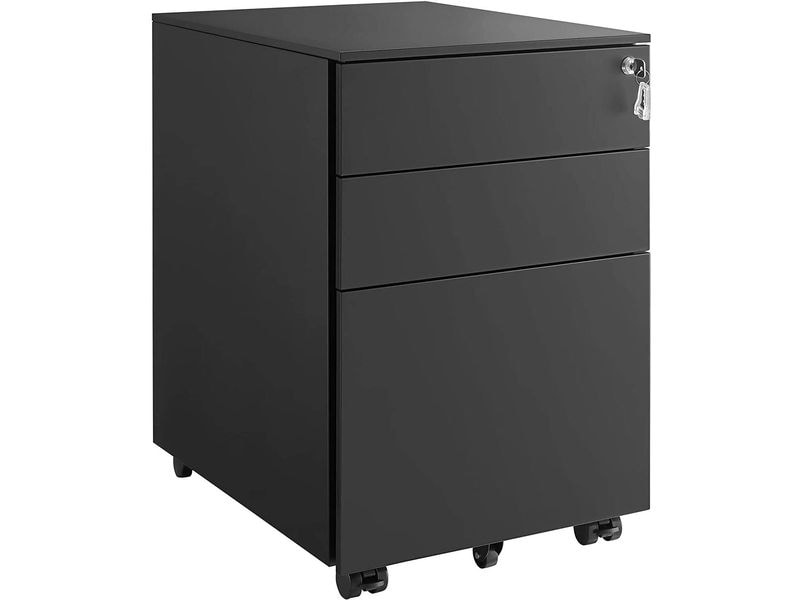 Songmics | Rollcontainer schwarz, Schloss | 52x39x60cm, mit 3 Schubladen