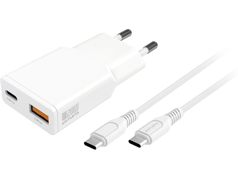4smarts | Netzladegerät PDPlug Slim Duos | 20W GaN,1C und 1A + USB-C Kable 1.5m, Weiss