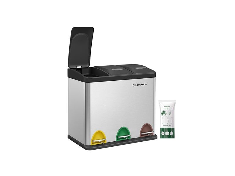 Songmics | Treteimer 3x8 Liter, Silber | 24 Liter, 46.5x29.5x40.5cm,Stahl,Kunststoff