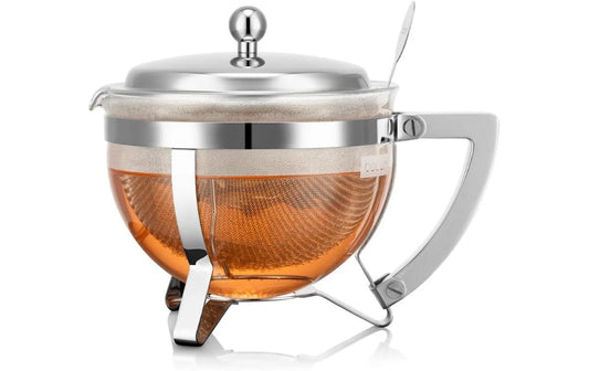 Bodum | Chambord Teezubereiter m. Metallgriff | Glas, verchromt, m. Edelstahlfilter, 1.0L