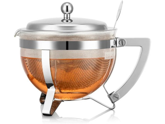 Bodum | Chambord Teezubereiter m. Metallgriff | Glas, verchromt, m. Edelstahlfilter, 1.0L