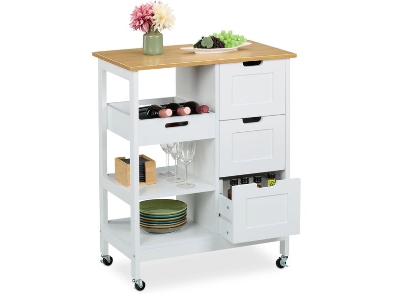 relaxdays | Küchenwagen mit Arbeitsplatte | MDF, Walnuss, 85x68,5x38,5cm, Weiss