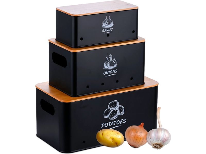 relaxdays | Kartoffel Aufbewahrungsbox | 3er Set, Schwarz/Braun, Bambus
