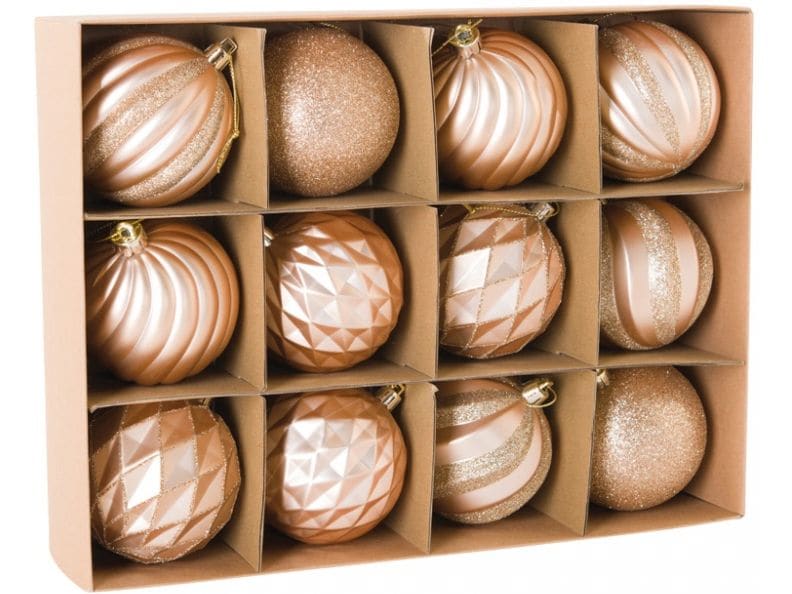 Dekomat AG | Dekomat Weihnachtskugeln 12 Stk. champagner | aus Kunststoff, Ornamente, D: 8cm