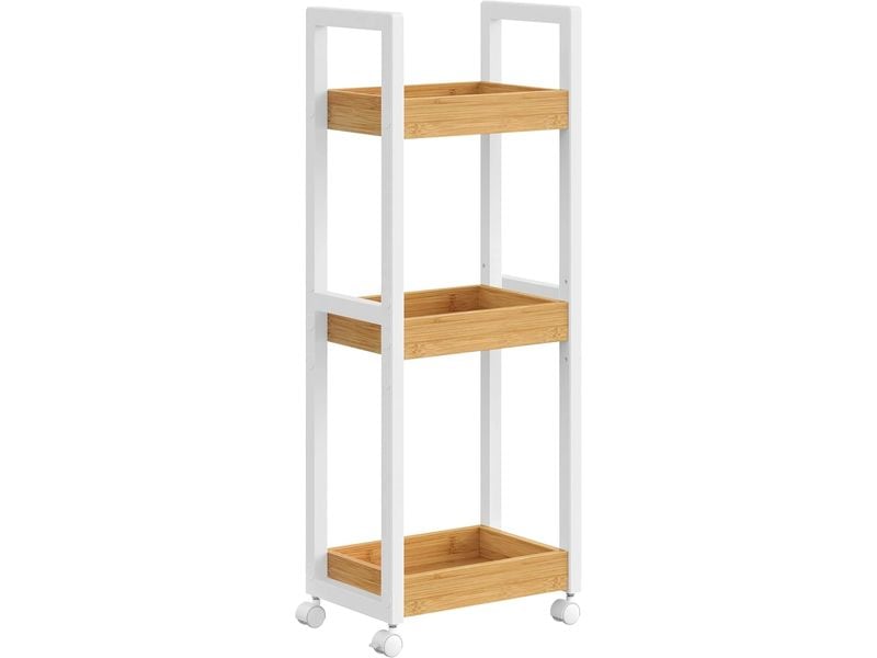 Songmics | Regal auf Rollen, Weiss-Natur | 30x20x80 cm (LxBxH), Bambus, MDF