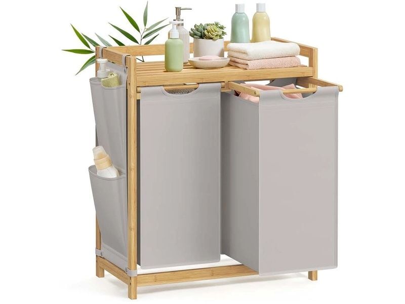 Songmics | Wäschekorb mit 2Fächern,Grau-Natur | 63.2x33x78 cm (LxBxH), Textil, Bambus