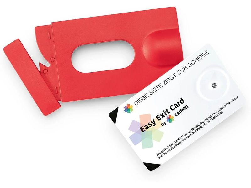 Easy Exit | Card Rettungswerkzeug rot | Nothammerfunktion & Gurtsschneider