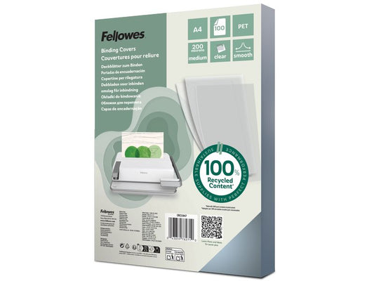 Fellowes | Deckblatt Transparent,200 Micron | 100 Stk., A4, recylkeltem PET