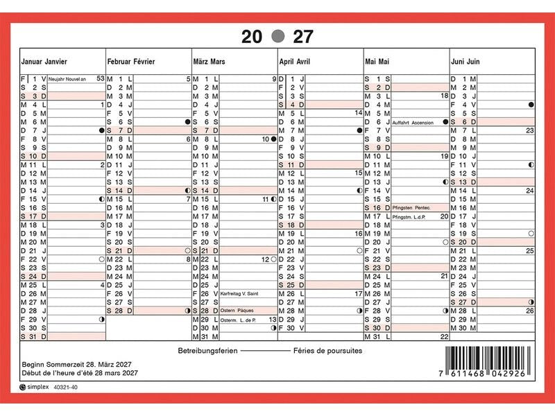 Simplex | Wandkalender 2027 ohne Namenstage | A5 Querformat, rot/weiss