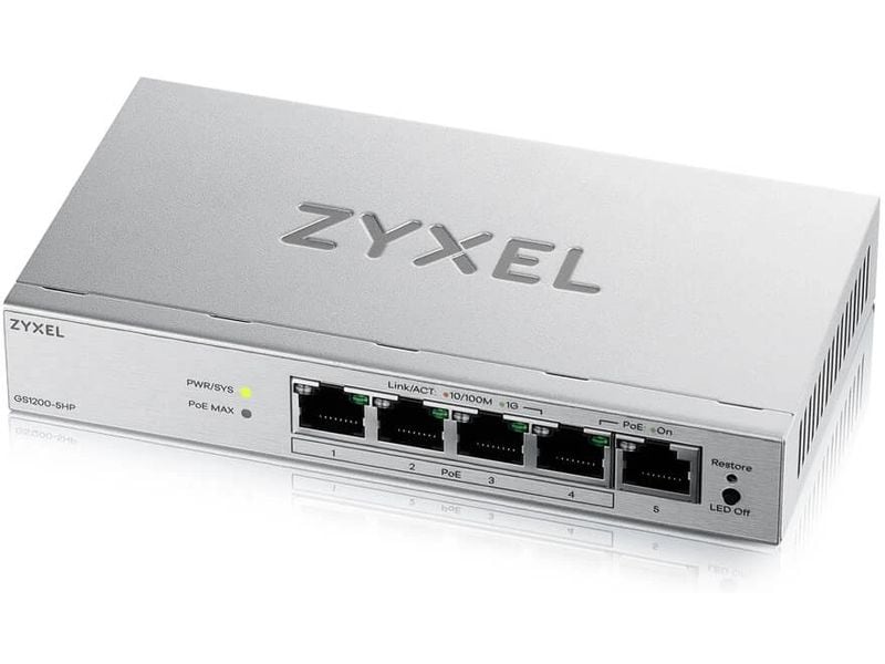 Zyxel | GS1200-5HP v3 5 Port PoE+ Switch | 4x GbE PoE+ 1xGbE, lüfterlos,web-managed
