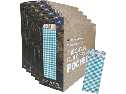 Pochetta | Besteckset 500 Stk., Blau-Weiss | Papierbesteck, 2-lalgiger Serviette 33x33cm