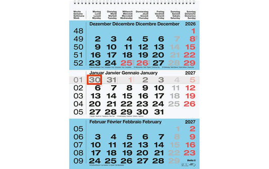 Biella | Wandkalender 2027 3-Monatskalender | 31 x 40 cm, 3 Monate pro Seite, blau