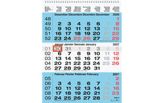Biella | Wandkalender 2027 3-Monatskalender | 31 x 40 cm, 3 Monate pro Seite, blau