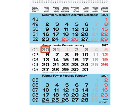 Biella | Wandkalender 2027 3-Monatskalender | 31 x 40 cm, 3 Monate pro Seite, blau
