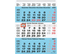 Biella | Wandkalender 2027 3-Monatskalender | 31 x 40 cm, 3 Monate pro Seite, blau