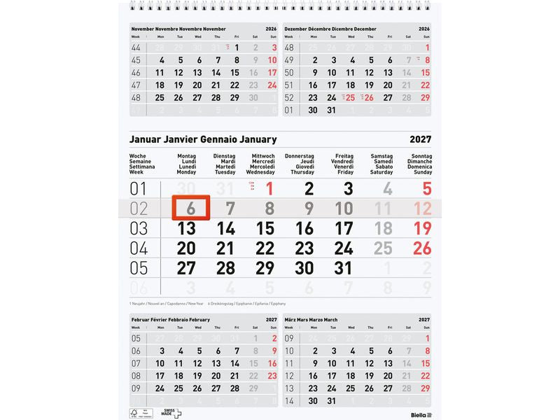Biella | Wandkalender 2027 5-Monatskalender | 31 x 40 cm, 5 Monate pro Seite, grau