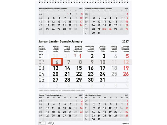 Biella | Wandkalender 2027 5-Monatskalender | 31 x 40 cm, 5 Monate pro Seite, grau