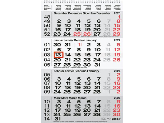 Biella | Wandkalender 2027 4-Monatskal. | 31 x 47 cm, 4 Monate pro Seite