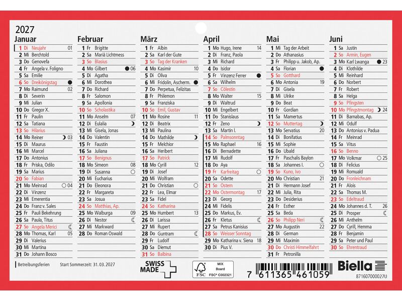 Biella | Wandkalender 2027 A6 | 6 Monate pro Seite