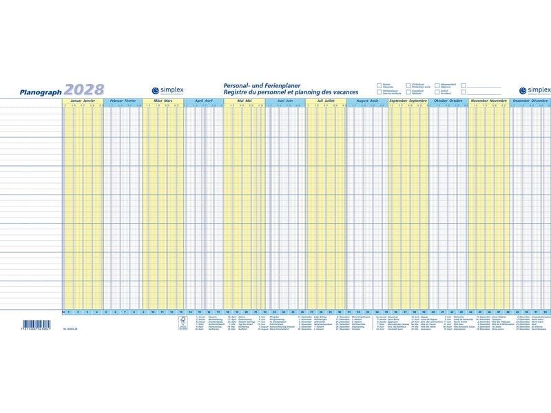 Simplex | Jahresplaner Planograph 2028 | 640x296mm, 3er Set