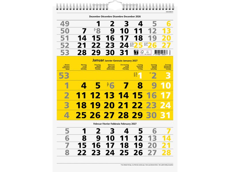 Simplex | 3-Monats-Wandkalender 2027 | Sonntage gelb, Spiralbindung, 310x400mm