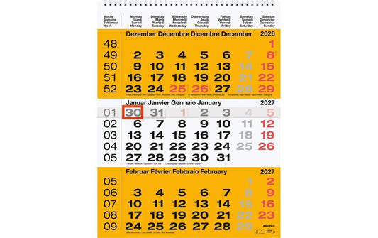 Biella | Wandkalender 2027 3-Monatskalender | 31 x 40 cm, 3 Monate pro Seite, gelb