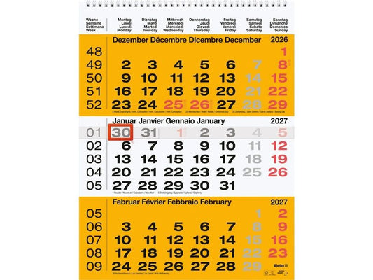 Biella | Wandkalender 2027 3-Monatskalender | 31 x 40 cm, 3 Monate pro Seite, gelb