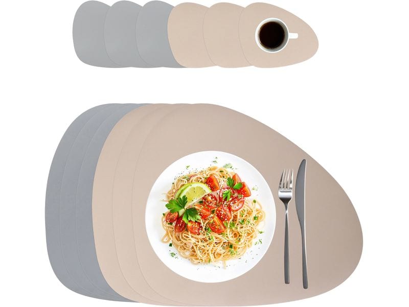 relaxdays | Tischs./Unters. 12-teilig oval | 6 Tischset/6 Glasuntersetzer, Grau/Beige