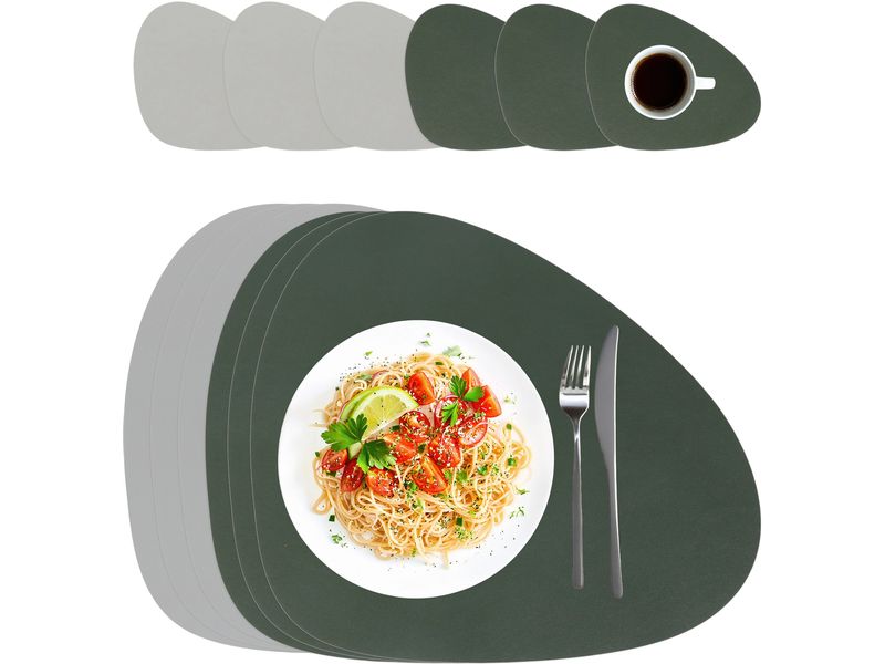 relaxdays | Tischs./Unters. 12-teilig oval | 6 Tischset/6 Glasuntersetzer, Grau/Grün