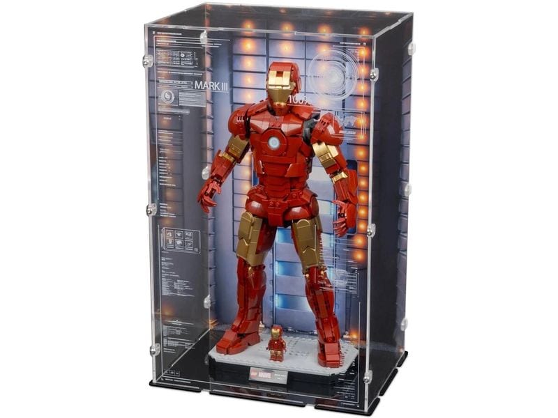 iDisplayit | Acryl-Display LEGO 76344 Iron Man Mark 3 | Mit Hintergrundbild & schwarzem Boden