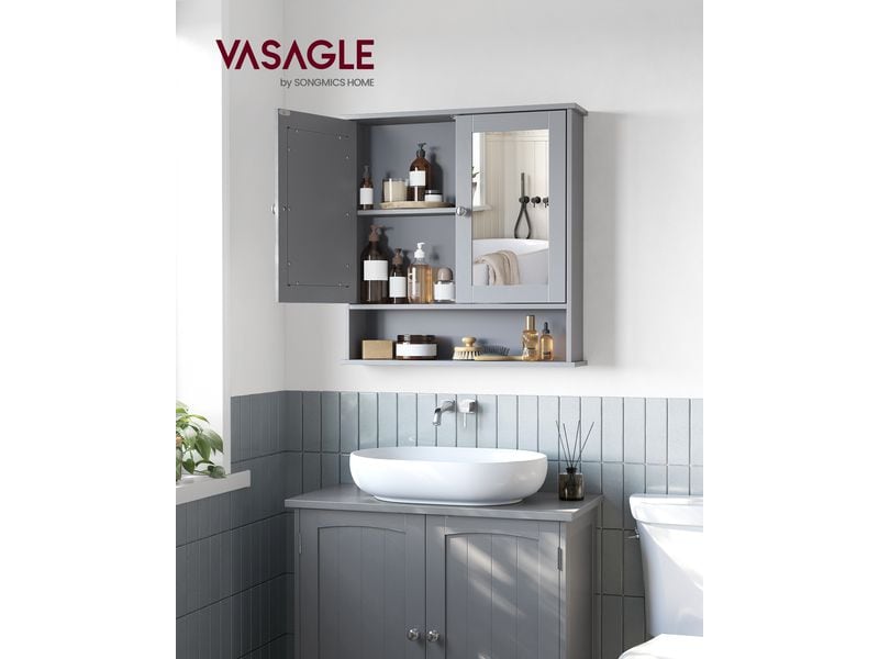 VASAGLE | Spiegelschrank, Grau | 56.5x13x58.5 cm, Glas, MDF