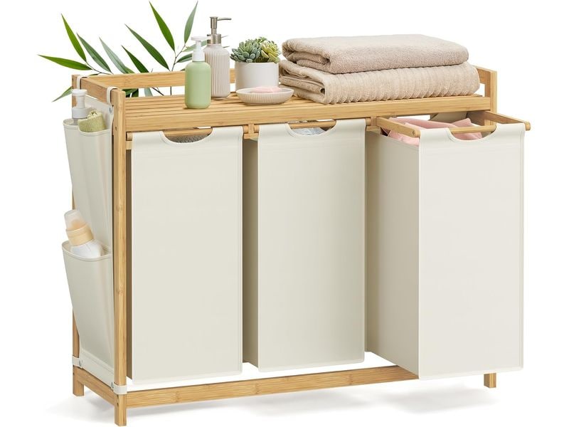 Songmics | Wäschekorb mit 3 Fächern, Natur | 93.8x33x78 cm, Bambus, Textilien
