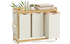 Songmics | Wäschekorb mit 3 Fächern, Natur | 93.8x33x78 cm, Bambus, Textilien