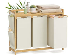 Songmics | Wäschekorb mit 3 Fächern, Natur | 93.8x33x78 cm, Bambus, Textilien