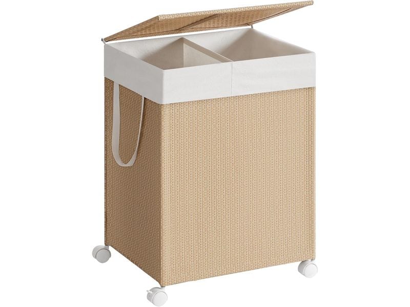 Songmics | Wäschekorb Natur-Weiss | 46.5x37.5x65 cm, Bambus, Polyester, Oxford