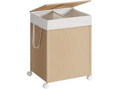 Songmics | Wäschekorb Natur-Weiss | 46.5x37.5x65 cm, Bambus, Polyester, Oxford