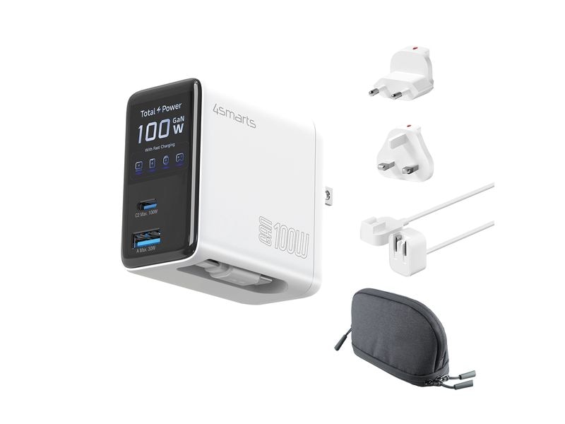 4smarts | GaN Flex Screen AI, Weiss, Travel | 100W, 2x USB-C, 1x USB-A